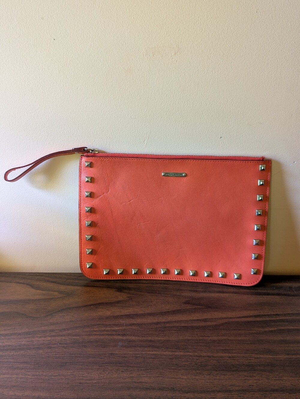Rebecca Minkoff Orange Studded Leather Wristlet Clutch